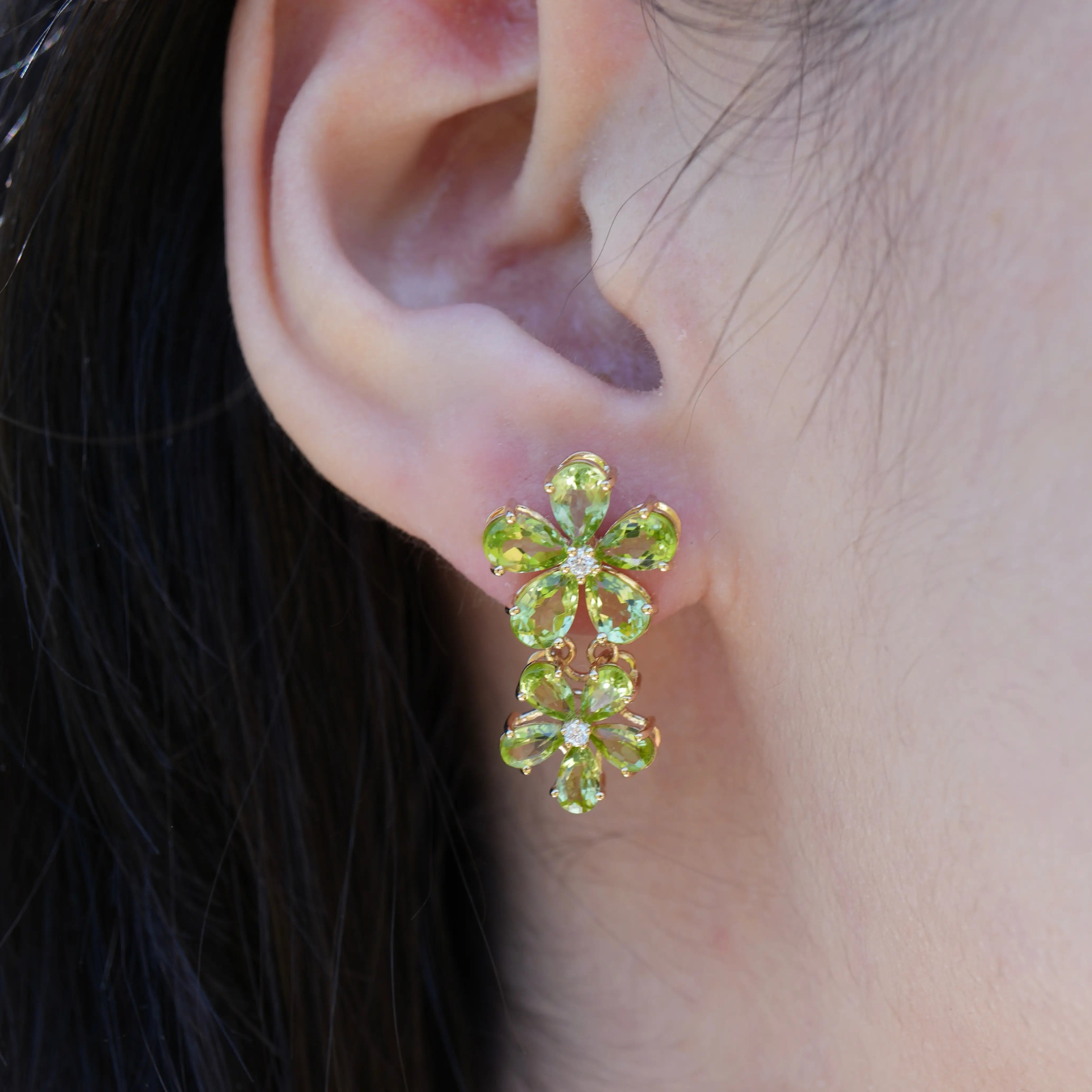 Peridot Diamond Double Blossom Drop Earrings 14k yellow gold