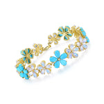 Natural Pear Turquoise Moonstone Diamond Cherry Blossom Bracelet 14k Yellow Gold
