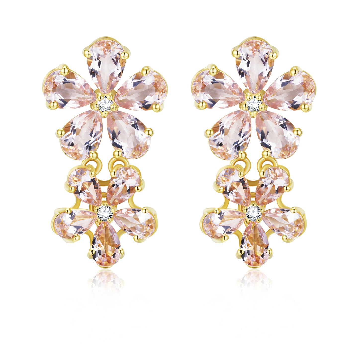 Pink Morganite Diamond Double Blossom Drop Earrings 14k yellow gold
