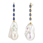 Natural Blue Sapphire Diamond and Baroque Pearl Drop Earrings 14k yellow gold