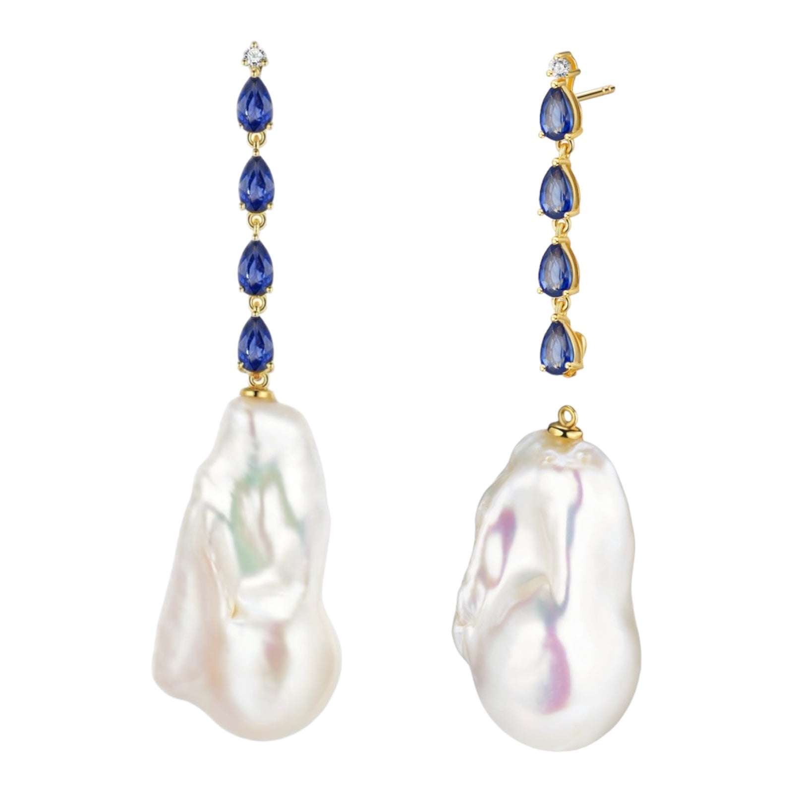 Natural Blue Sapphire Diamond and Baroque Pearl Drop Earrings 14k yellow gold