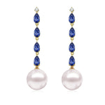 Rhythm Natural Blue Sapphire Diamond and Cultured Pearl Drop Earrings 14k Yellow Gold