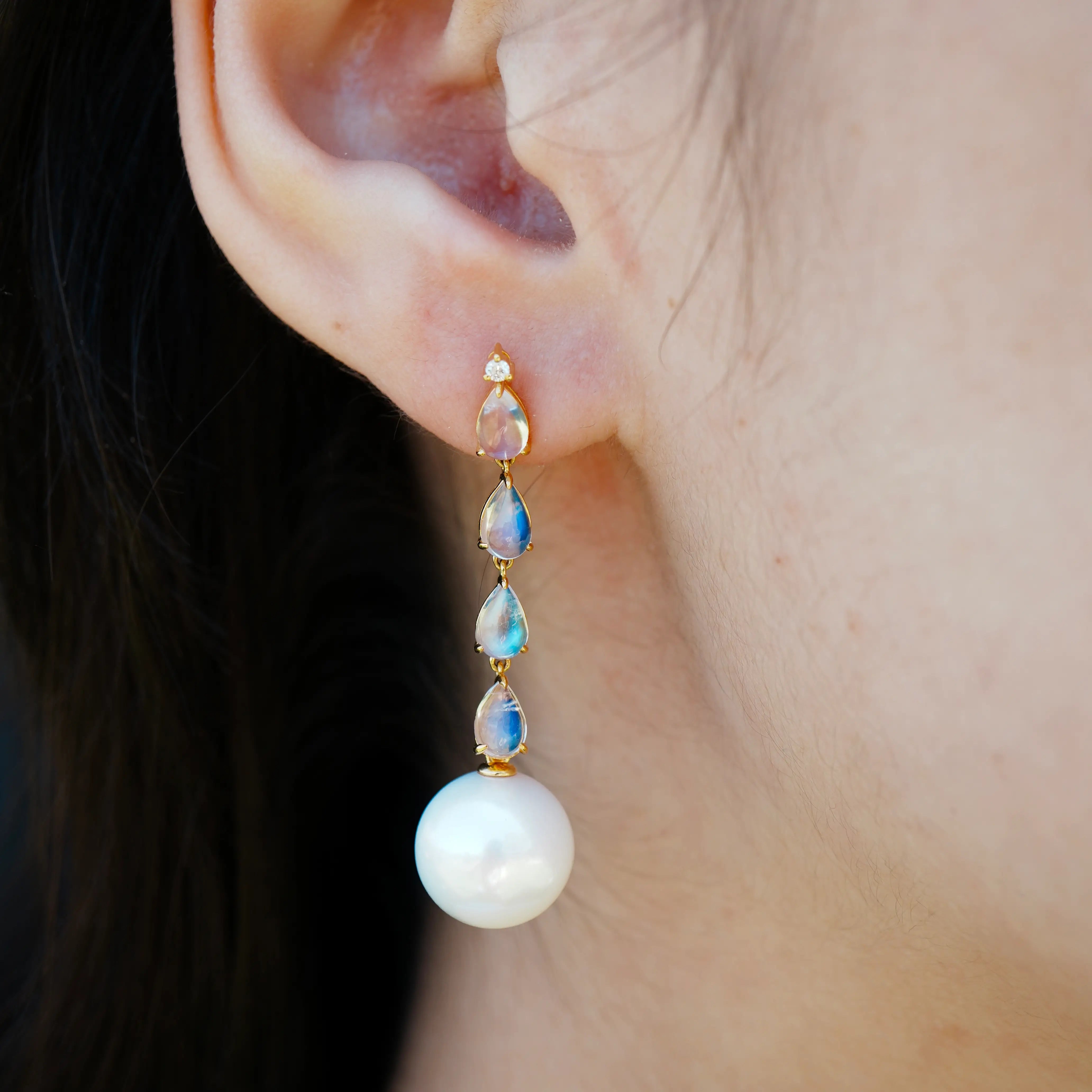 natural Moonstone Diamond and Pearl Drop Earrings 18k yellow gold