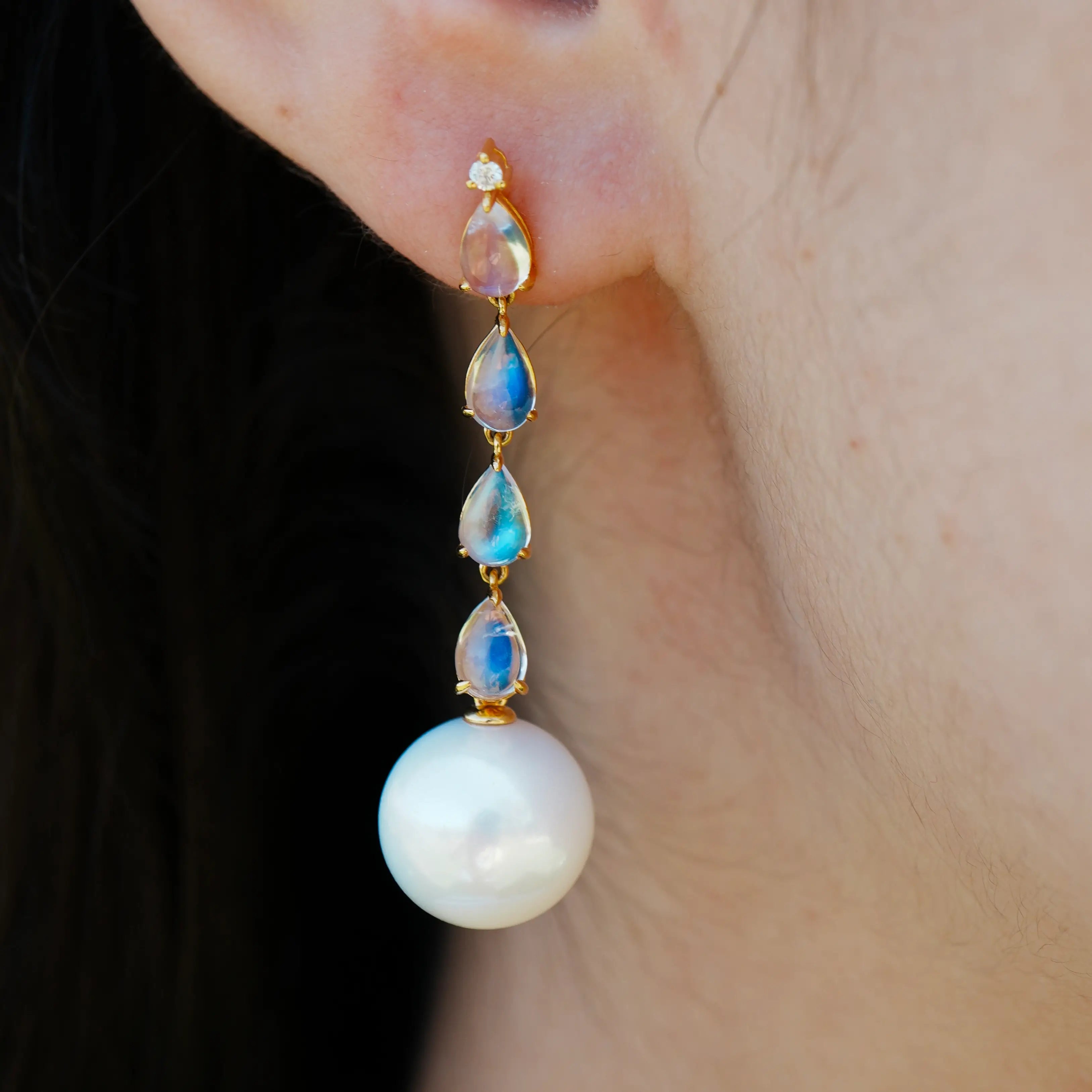 natural Moonstone Diamond and Pearl Drop Earrings 18k yellow gold