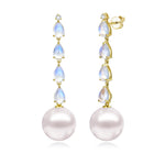 natural Moonstone Diamond and Pearl Drop Earrings 18k yellow gold