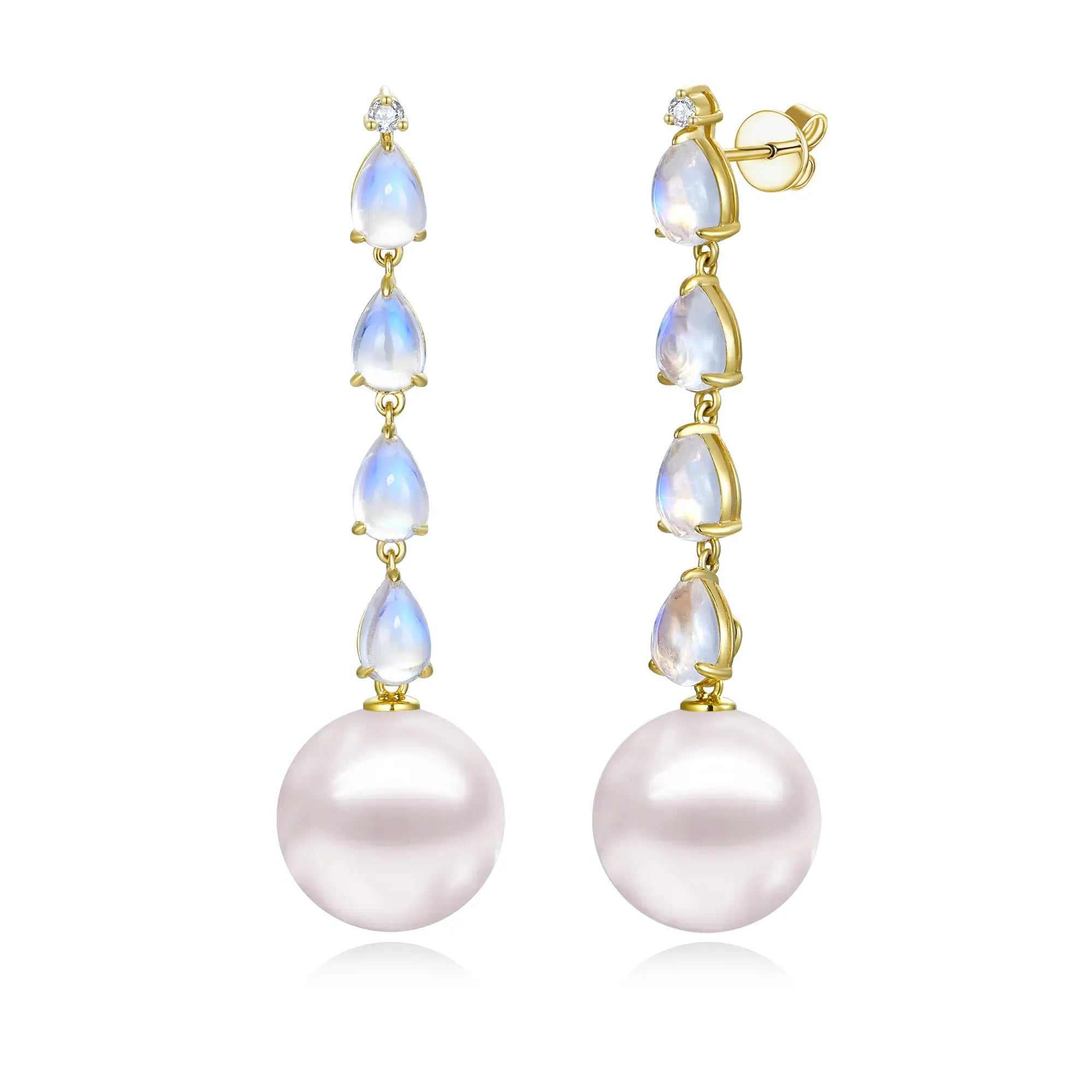 natural Moonstone Diamond and Pearl Drop Earrings 18k yellow gold