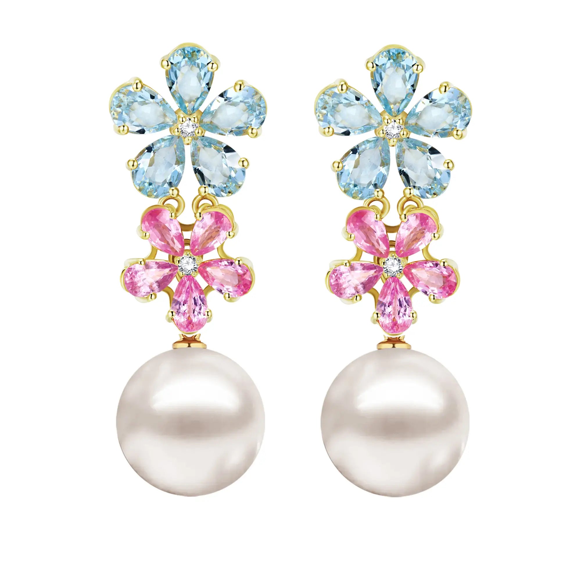 Natural Aquamarine Pink Sapphire Diamond Double Blossom with 12-13mm Cultured Pearl Convertible Drop Earrings in 14k yellow gold