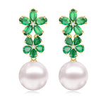 Natural Green Emerald Diamond Double Blossom Pearl Convertible Drop Earrings 14k yellow gold