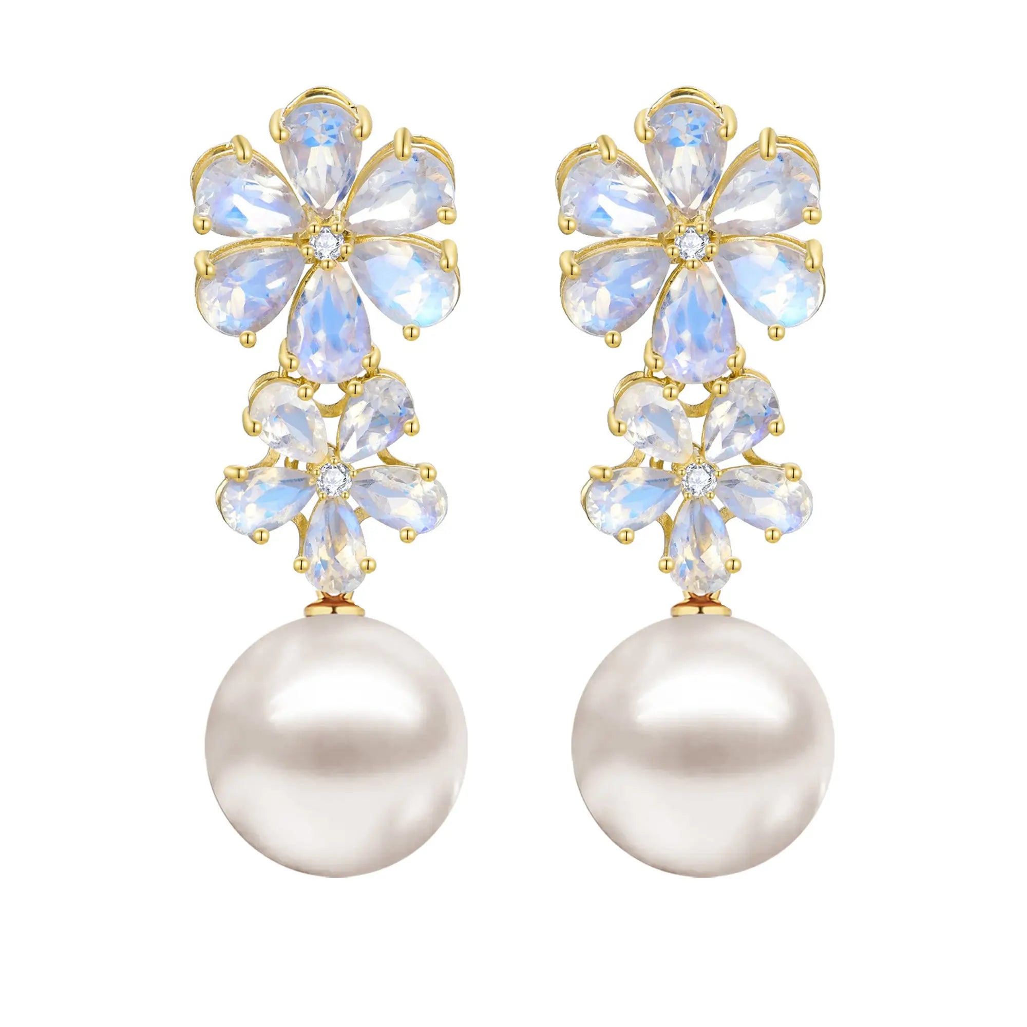 Natural Moonstone Diamond Double Blossom Baroque Pearl Convertible Drop Earrings 14k yellow gold