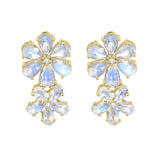 Natural Moonstone Diamond Double Blossom Drop Earrings 14k yellow gold