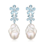 Aquamarine Diamond Double Blossom Baroque Pearl Convertible Drop Earrings