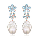 Aquamarine Diamond Double Blossom Baroque Pearl Convertible Drop Earrings