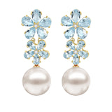 Aquamarine Diamond Double Blossom Pearl Convertible Drop Earrings