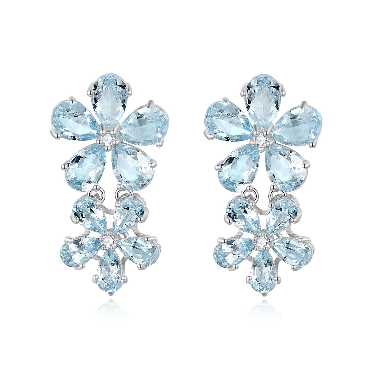 14k white gold aquamarine diamond Double Blossom Drop Earrings