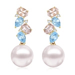 Natural Aquamarine, Morganite and Diamond Pearl Drop Earrings 14k yellow gold