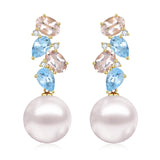 Natural Aquamarine, Morganite and Diamond Pearl Drop Earrings 14k yellow gold
