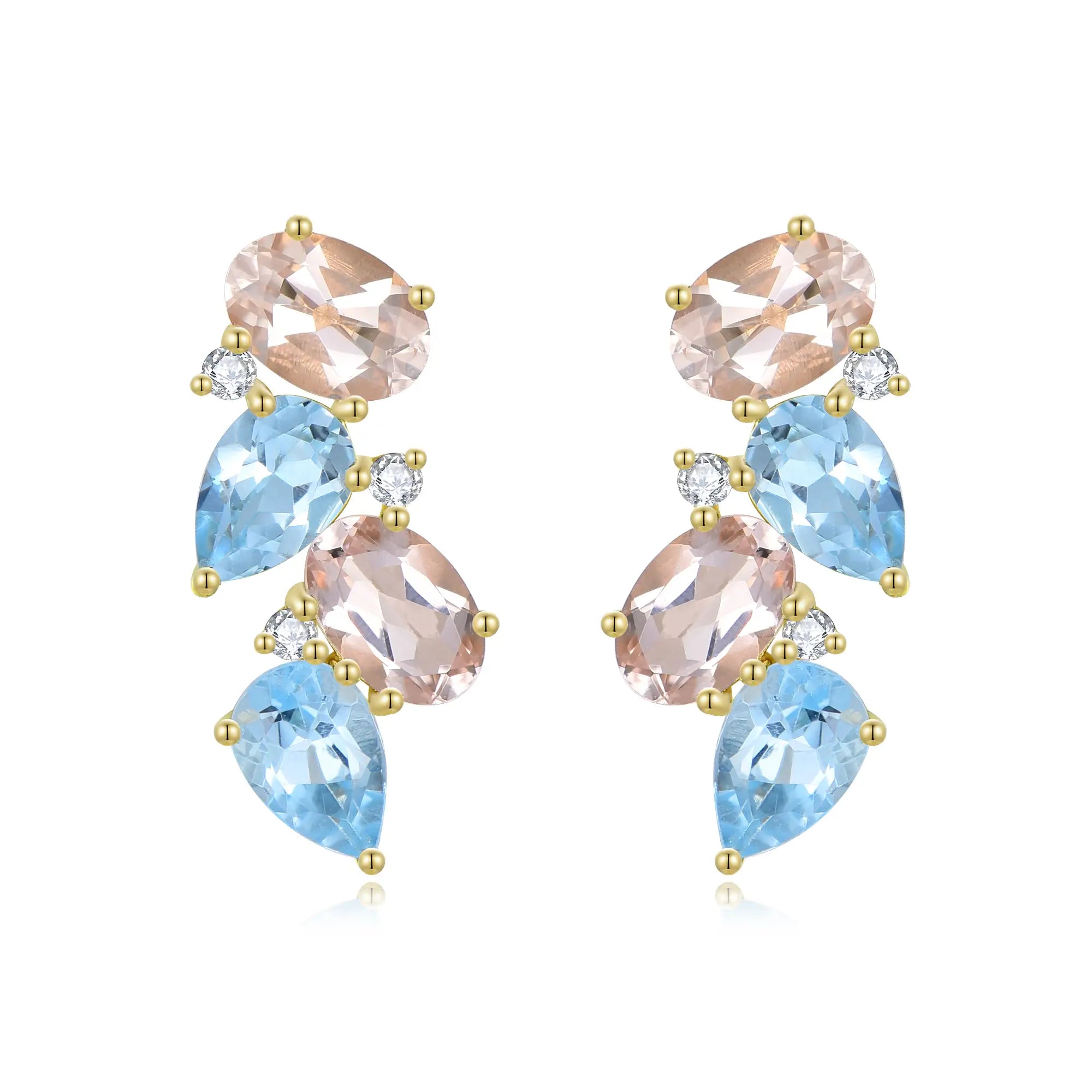 Natural Aquamarine, Morganite and Diamond Cluster Earrings 14k yellow gold