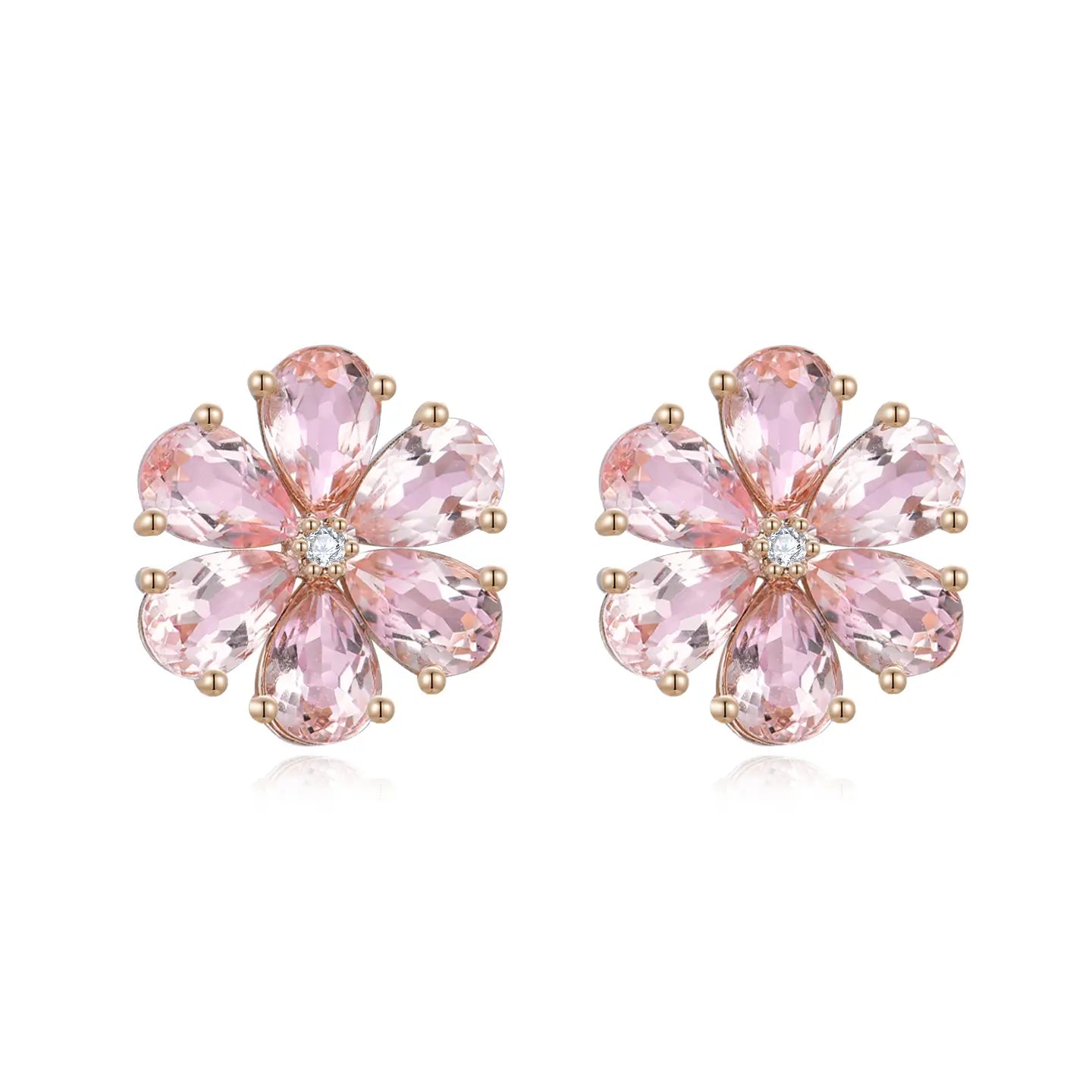 Morganite Diamond Forget-me-Not Flower Earrings 14k yellow gold
