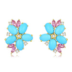 14k Yellow Gold Natural Turquoise Pink Sapphire Diamond Blossom Earrings