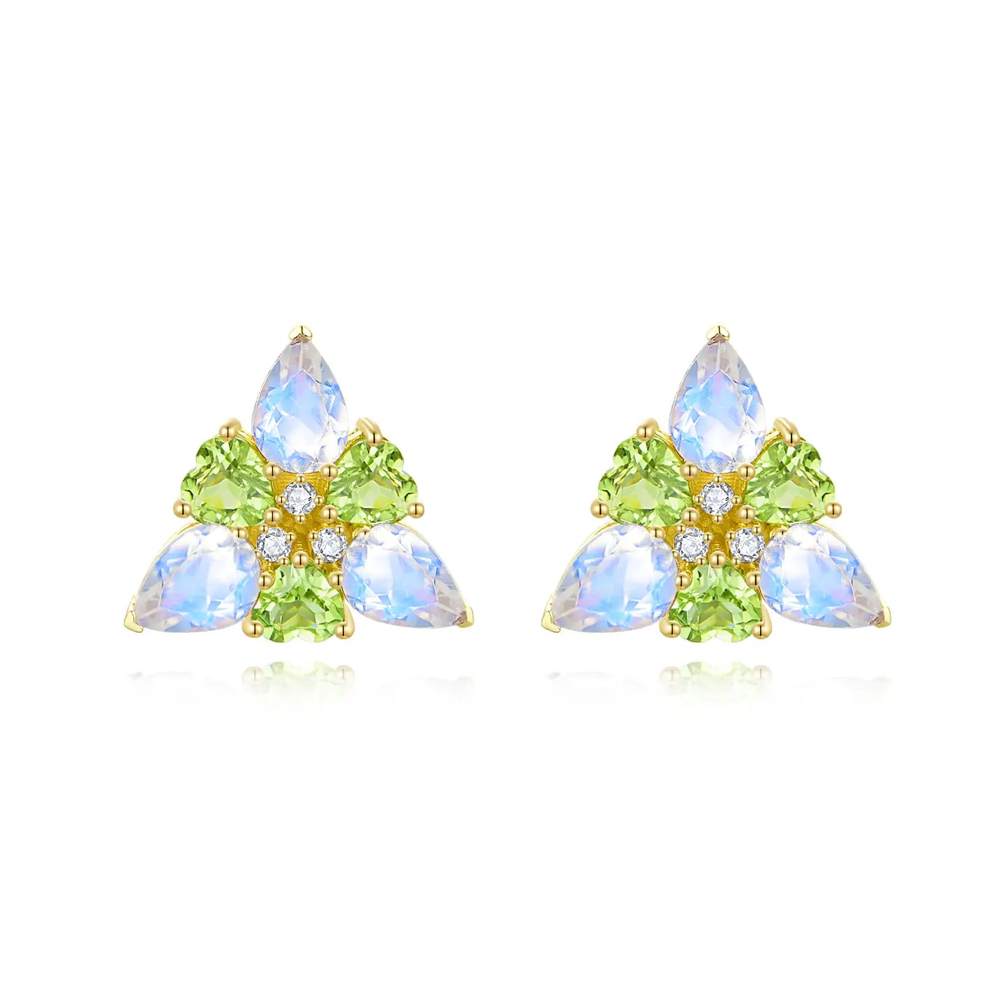 Moonstone Peridot Diamond Snowdrop Flower Earrings Birth Flower in 14k Yellow Gold