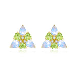 Moonstone Peridot Diamond Snowdrop Flower Earrings Birth Flower in 14k Yellow Gold