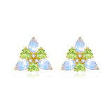 Moonstone Peridot Diamond Snowdrop Flower Earrings Birth Flower in 14k Yellow Gold
