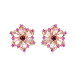Carnation Flower Natural Morganite, Pink Sapphire & Rhodolite Garnet Earrings 14k rose gold