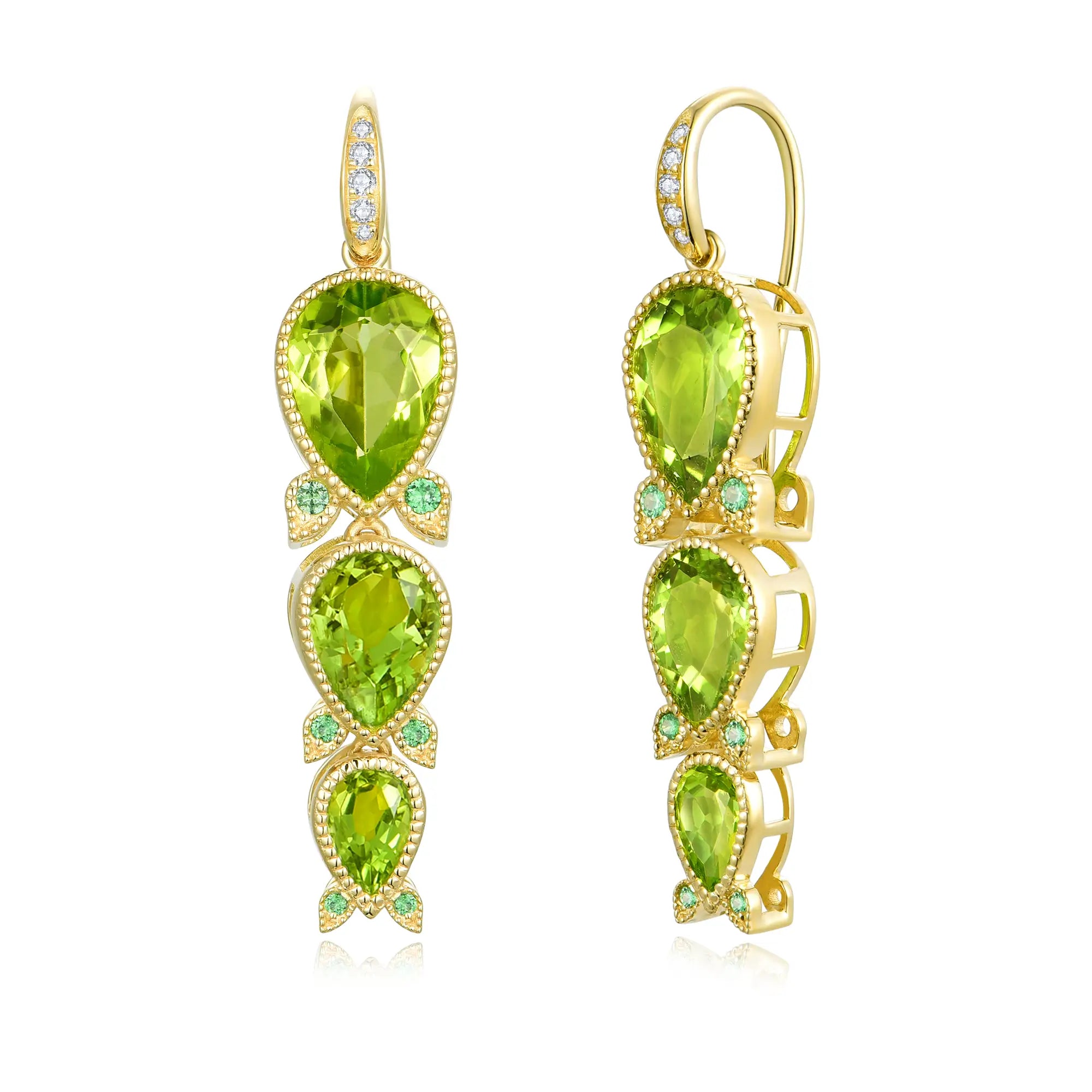 Lily of the Valley Natural Peridot Tsavorite Diamond Drop Earrings.14k yellow gold