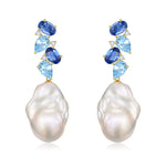 Nosa Natural Sapphire, Aquamarine and Diamond Cluster Baroque Pearl Drop Earrings 14k yellow gold