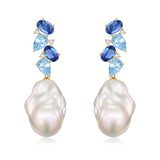 Nosa Natural Sapphire, Aquamarine and Diamond Cluster Baroque Pearl Drop Earrings 14k yellow gold