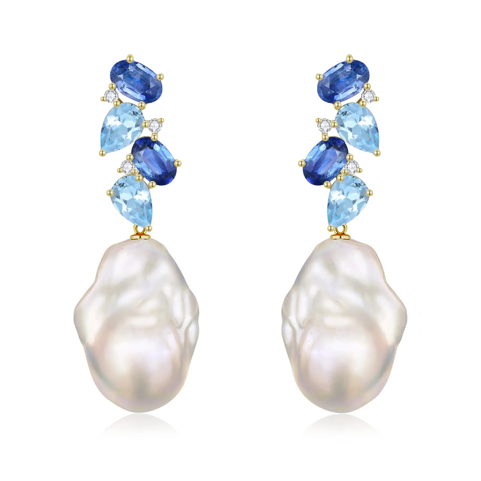 Nosa Natural Sapphire, Aquamarine and Diamond Cluster Baroque Pearl Drop Earrings 14k yellow gold