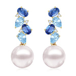 Natural Sapphire, Aquamarine and Diamond Cultured Pearl Drop Earrings 14k yellow gold
