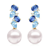 Natural Sapphire, Aquamarine and Diamond Cultured Pearl Drop Earrings 14k yellow gold