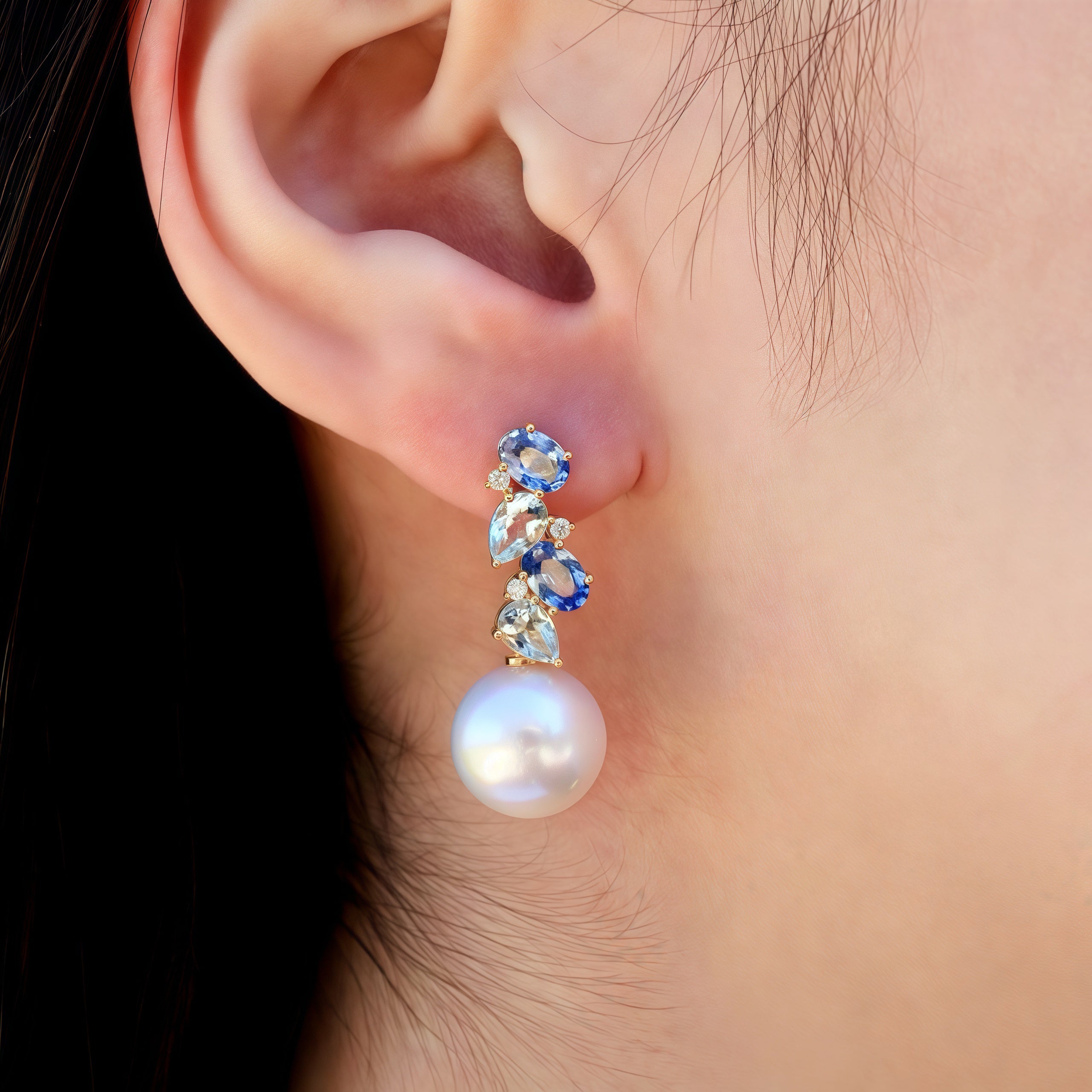 Natural Sapphire, Aquamarine and Diamond Cultured Pearl Drop Earrings 14k yellow gold