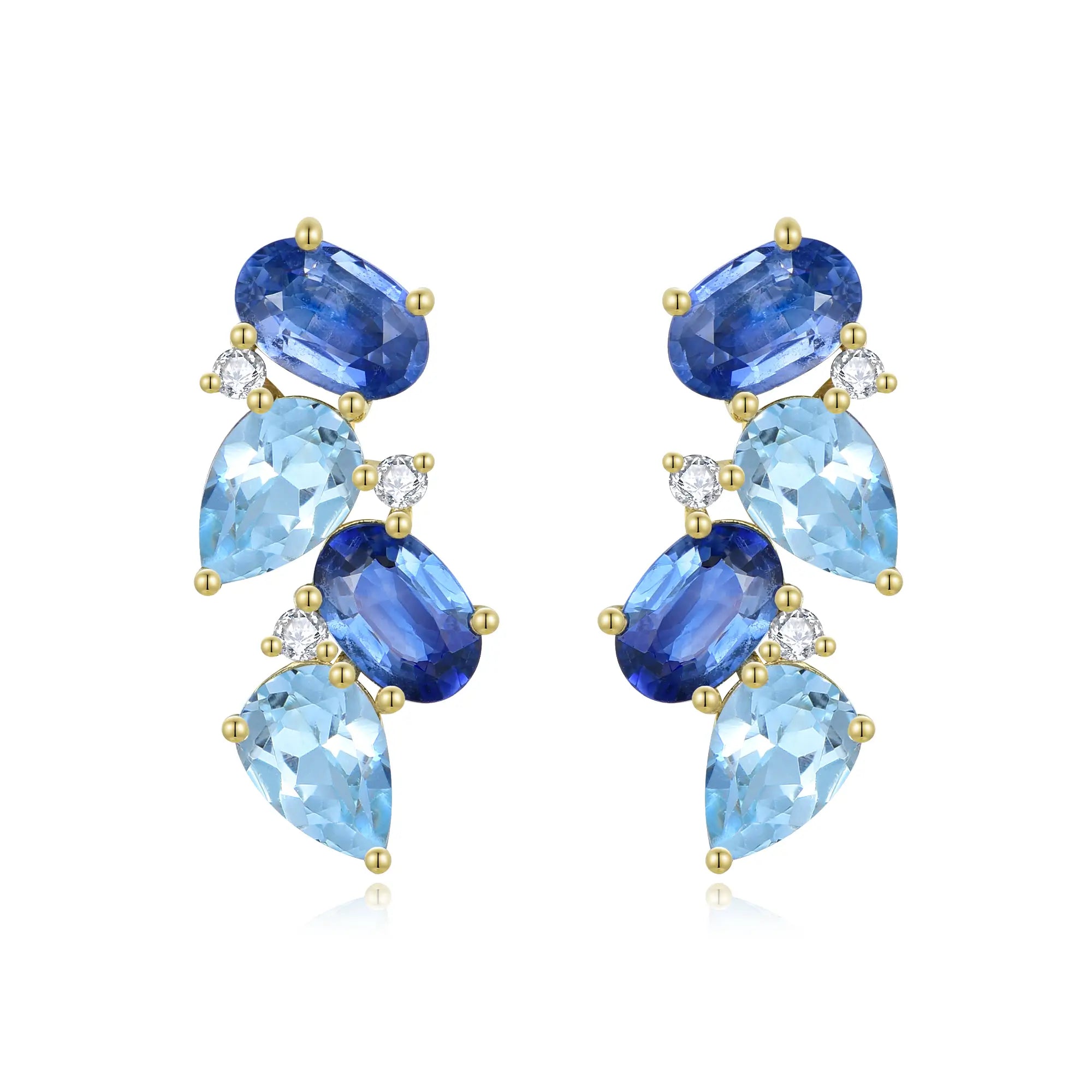 Natural Sapphire, Aquamarine and Diamond Drop Earrings 14k yellow gold