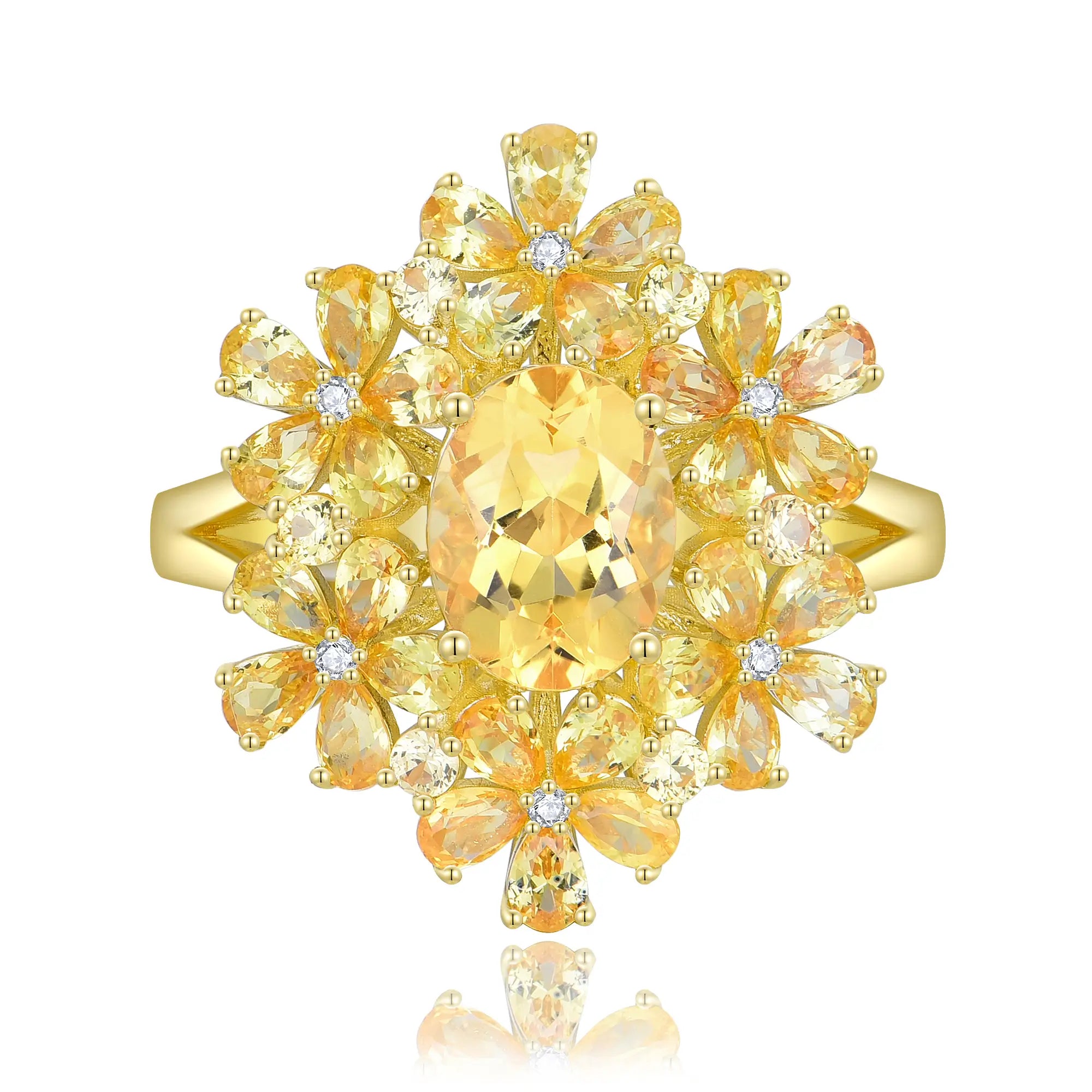 Natural Yellow Sapphire Citrine Diamond Blossom Cocktail Ring 14k yellow gold