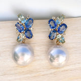 Elizabeth Sapphire, Aquamarine and Diamond Cluster Pearl Convertible Drop Earrings