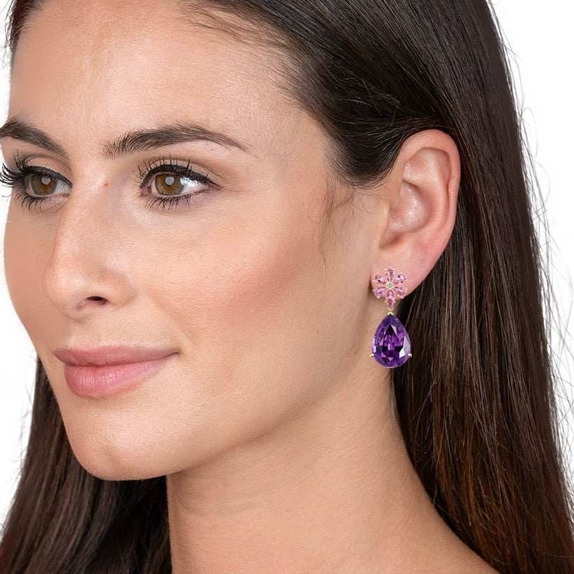 Natural Pink Sapphire Diamond Blossom Amethyst Drop Earrings 14k yellow gold