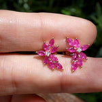 Natural Marquise Pink Sapphire Diamond Cluster Earrings 14k yellow gold