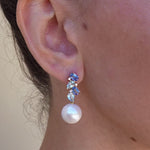 Natural Sapphire, Aquamarine and Diamond Cultured Pearl Drop Earrings 14k yellow gold