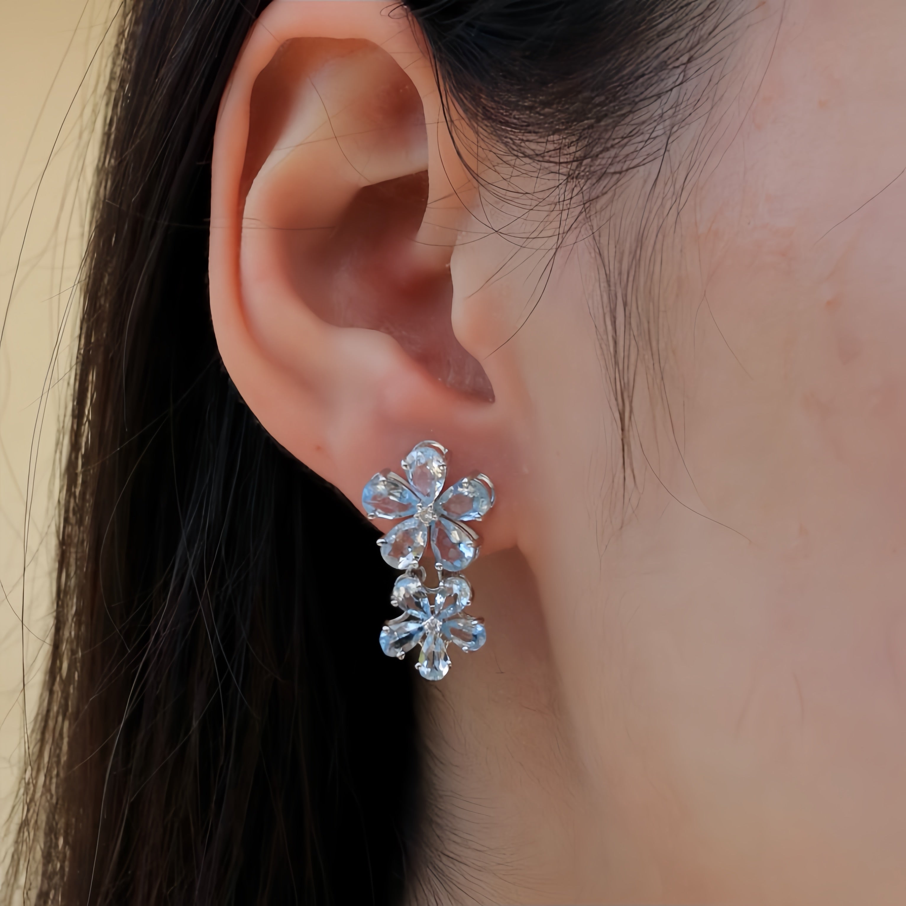 natural aquamarine flower blossom drop earrings in 14k solid gold