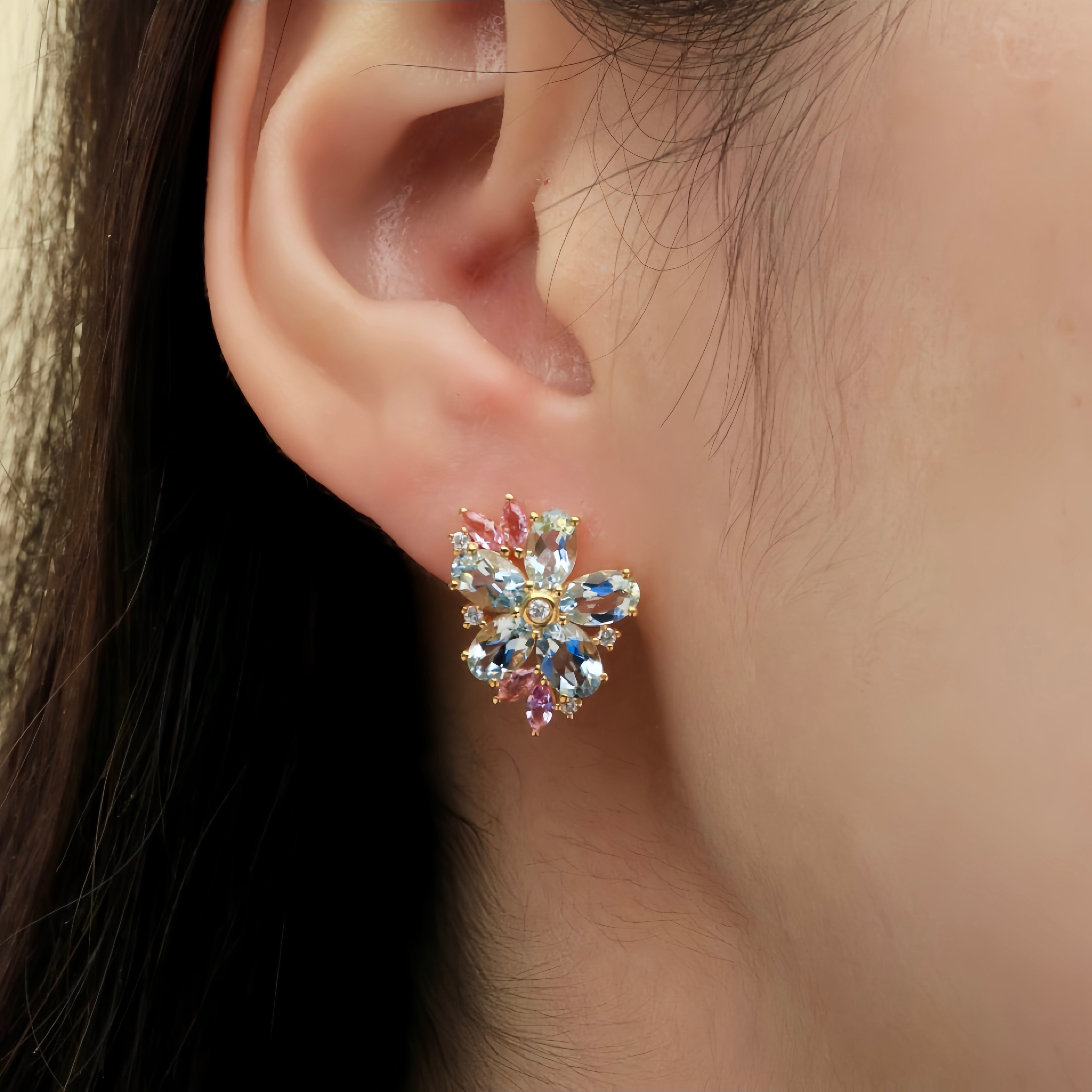 Aquamarine Pink Sapphire Diamond Blossom Earrings 14k yellow gold