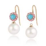 Harper Turquoise and Pink Sapphire Cluster with Pearl Drop Earrings