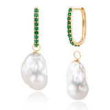 Isabella Emerald Huggie Earrings with Baroque Pearl Drop Enhancers