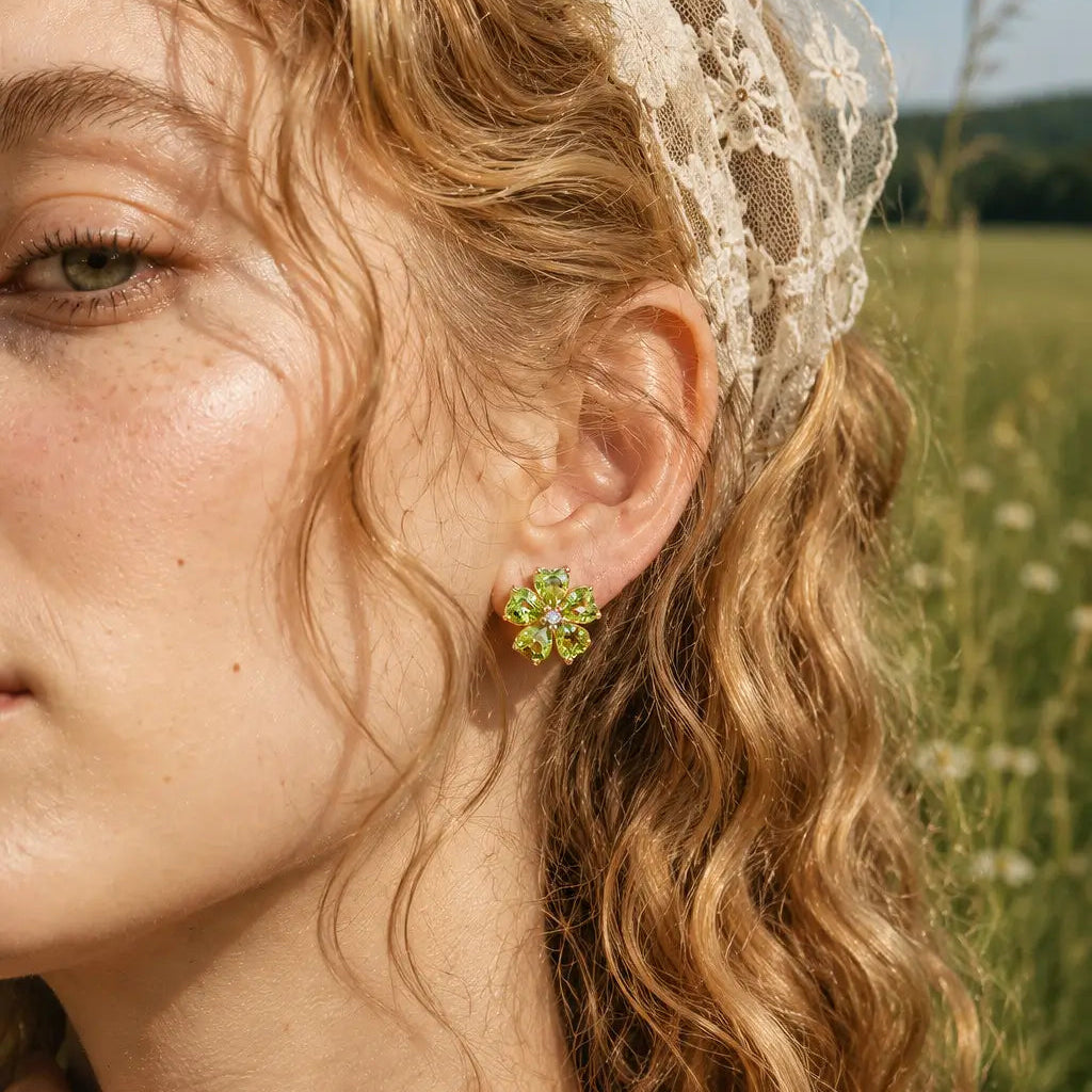 Natural Peridot Diamond Cherry Blossom Earrings 14k yellow gold