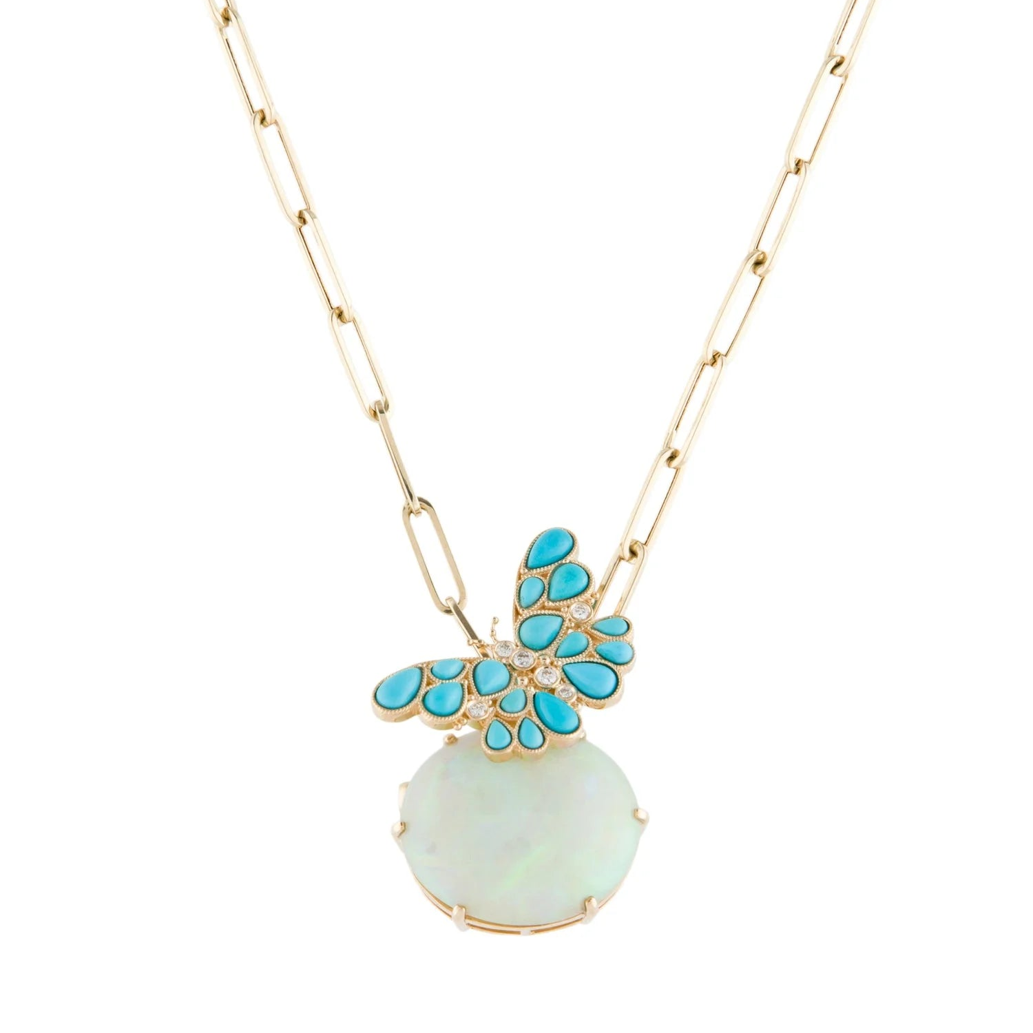 Nina Zhou One Of A Kind Natural Turquoise Diamond Butterfly on Opal Convertible Brooch-Pendant in 14k gold