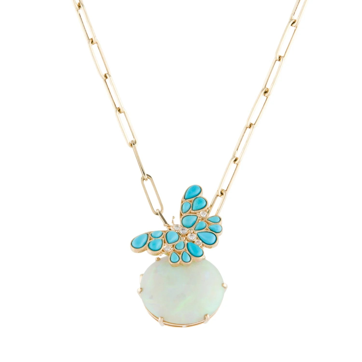Nina Zhou One Of A Kind Natural Turquoise Diamond Butterfly on Opal Convertible Brooch-Pendant in 14k gold