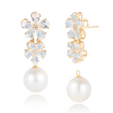 Moonstone Diamond Double Blossom Baroque Pearl Convertible Drop Earrings