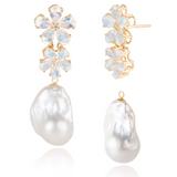 Moonstone Diamond Double Blossom Pearl Convertible Drop Earrings