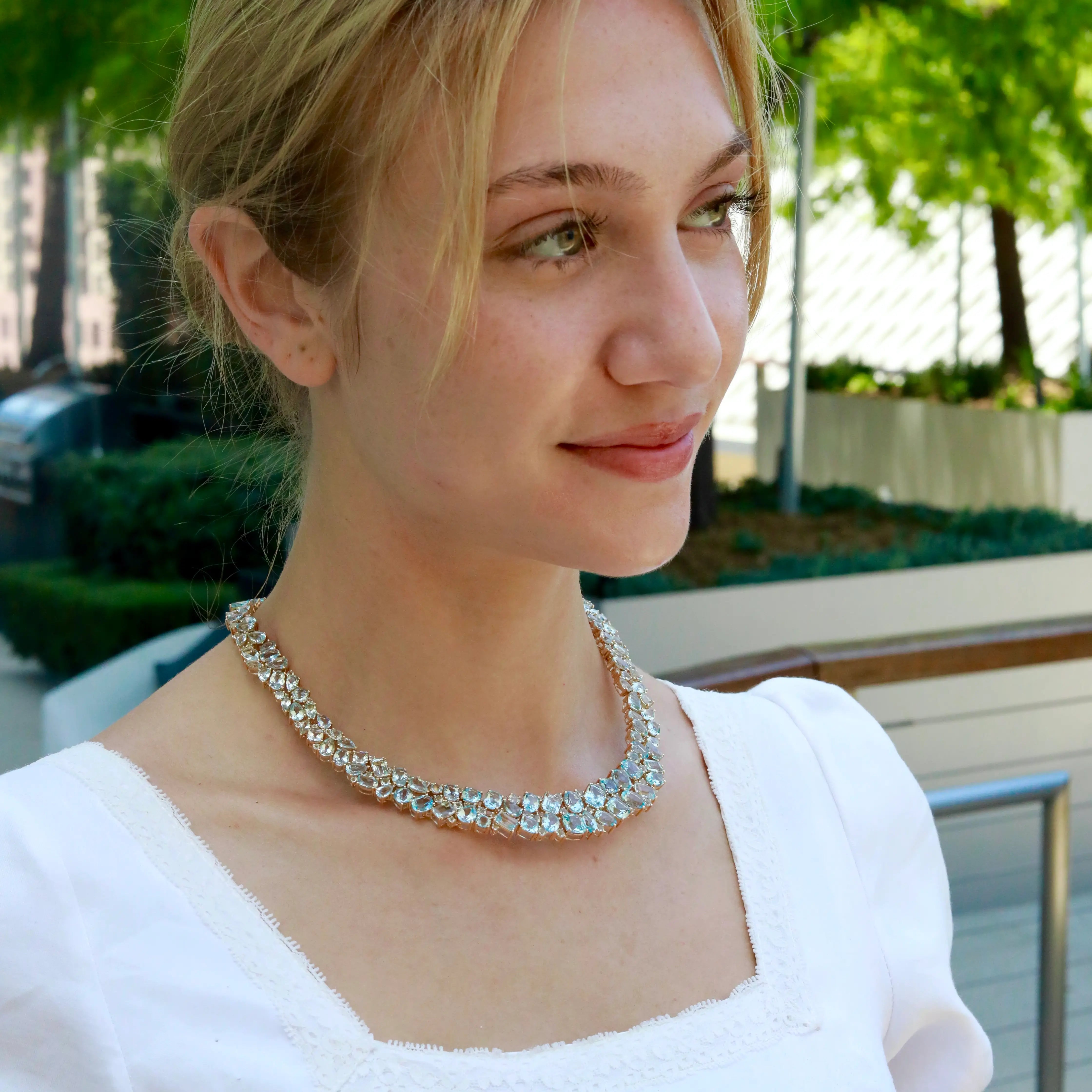 Secret Ocean Aquamarine, Topaz & Diamond Collar Necklace 14K yellow gold